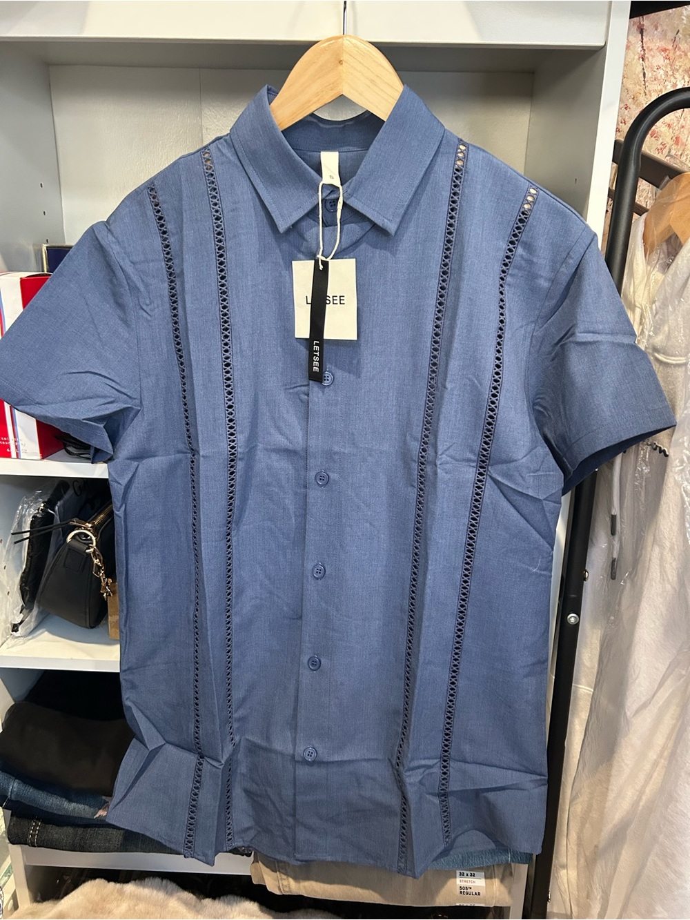 Cuban Guayabera Short Sleeve Grey Blue Button-Front Dress Shirt